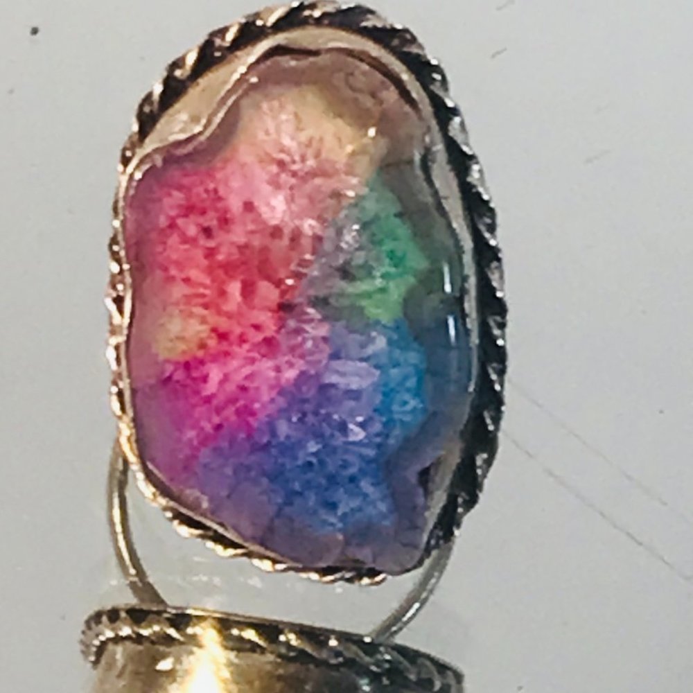 Rainbow Druzy Statement Ring - Multicolor Silver-Tone